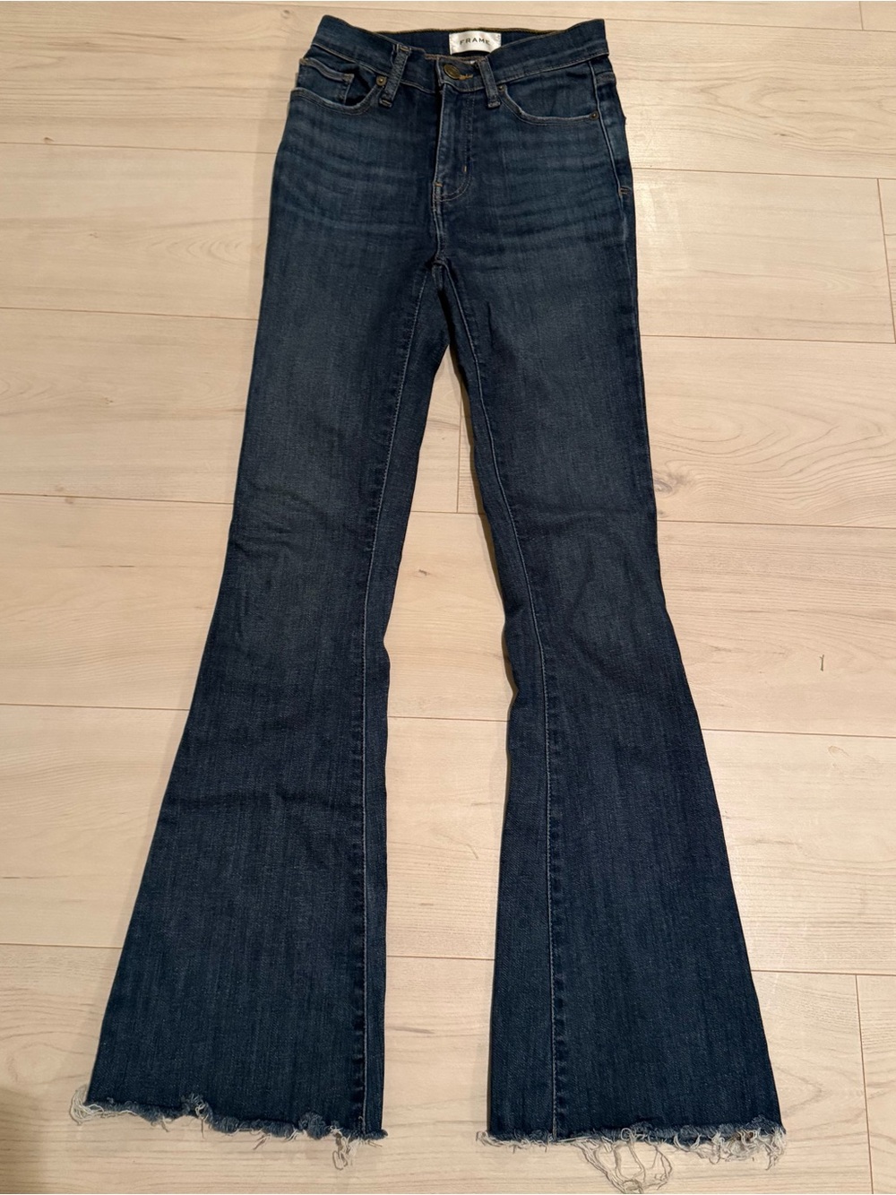 Frame Denim Long Dark Blue Flare Jeans with Raw Hem